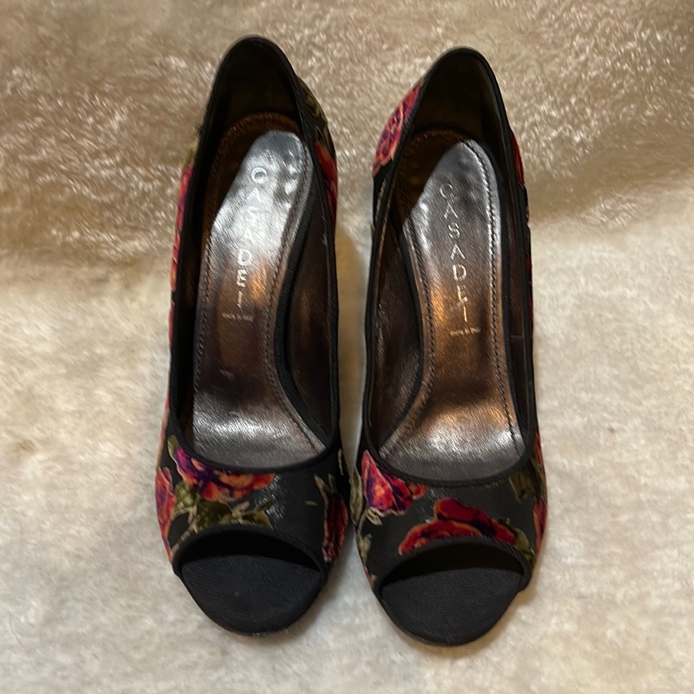 Casadei black and red  velvet floral Italian women shoes